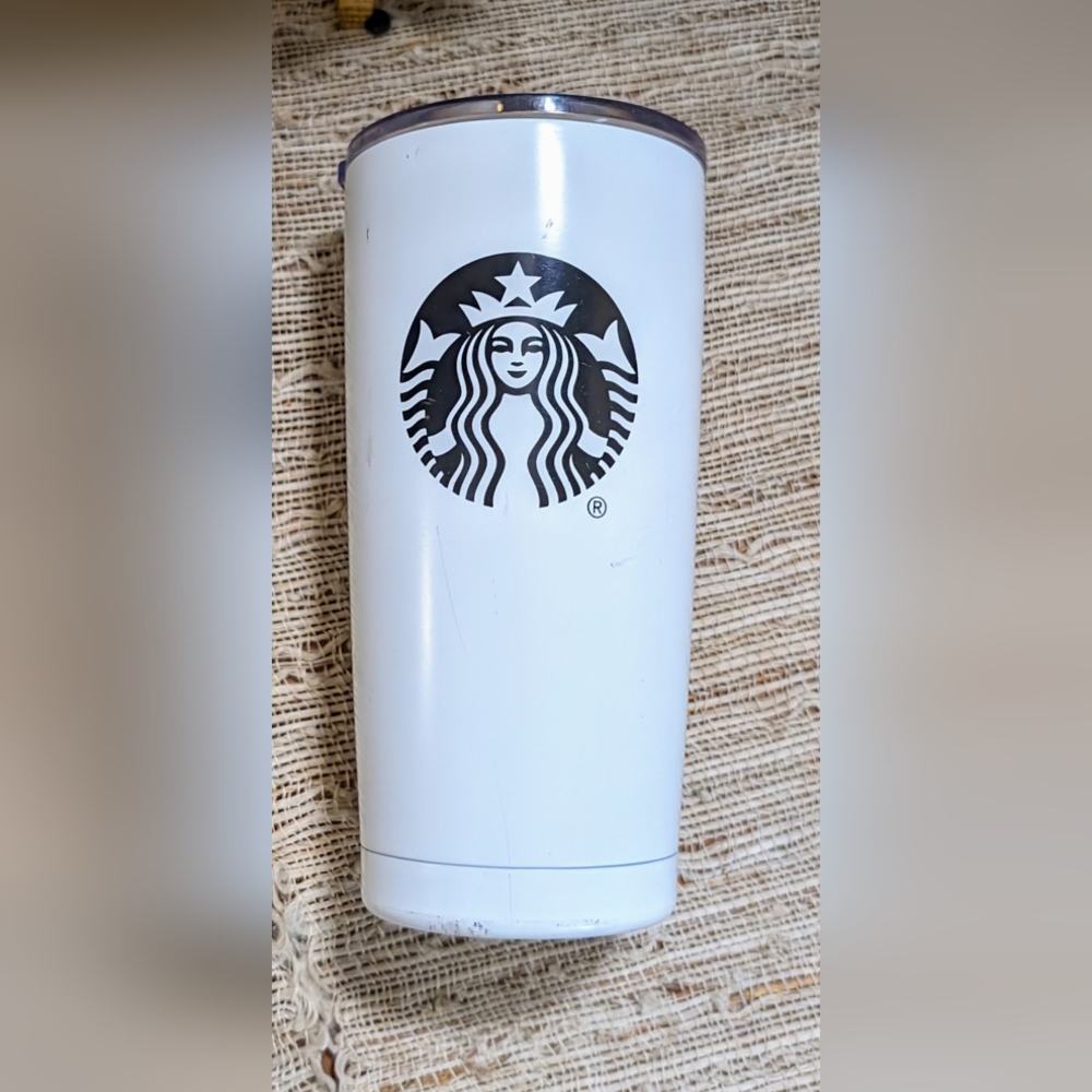 STARBUCKS Rare  WHITE WITH BLACK LOGO ~ Travel Mug Hot Cup Tumbler